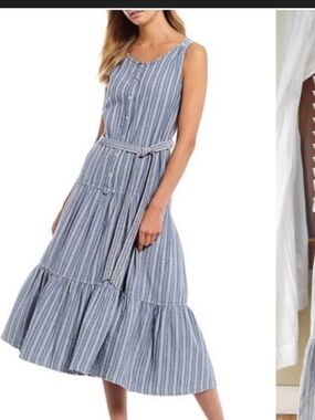 Chelsea & Violet Blue and White Striped Sleeveless Midi Dress with Self-Tie Belt